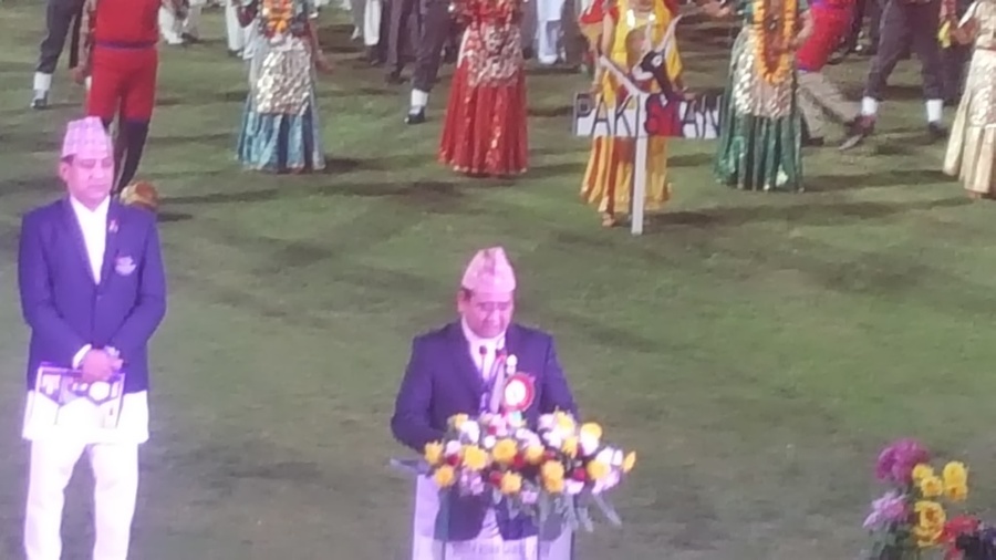 Jeevan Ram Shrestha, Nepal NOC President, makes the opening address at the Opening Ceremony of the 13th South Asian Games on December 1 in Kathmandu.