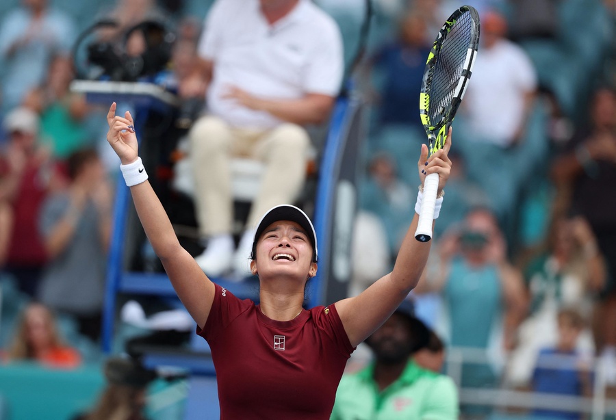 Alex Eala of the Philippines reacts after defeating Iga Swiatek of Poland on Day 9 of the Miami Open at Hard Rock Stadium on March 26, 2025 in Miami Gardens, Florida. (Photo: Al Bello, Getty Images/AFP)